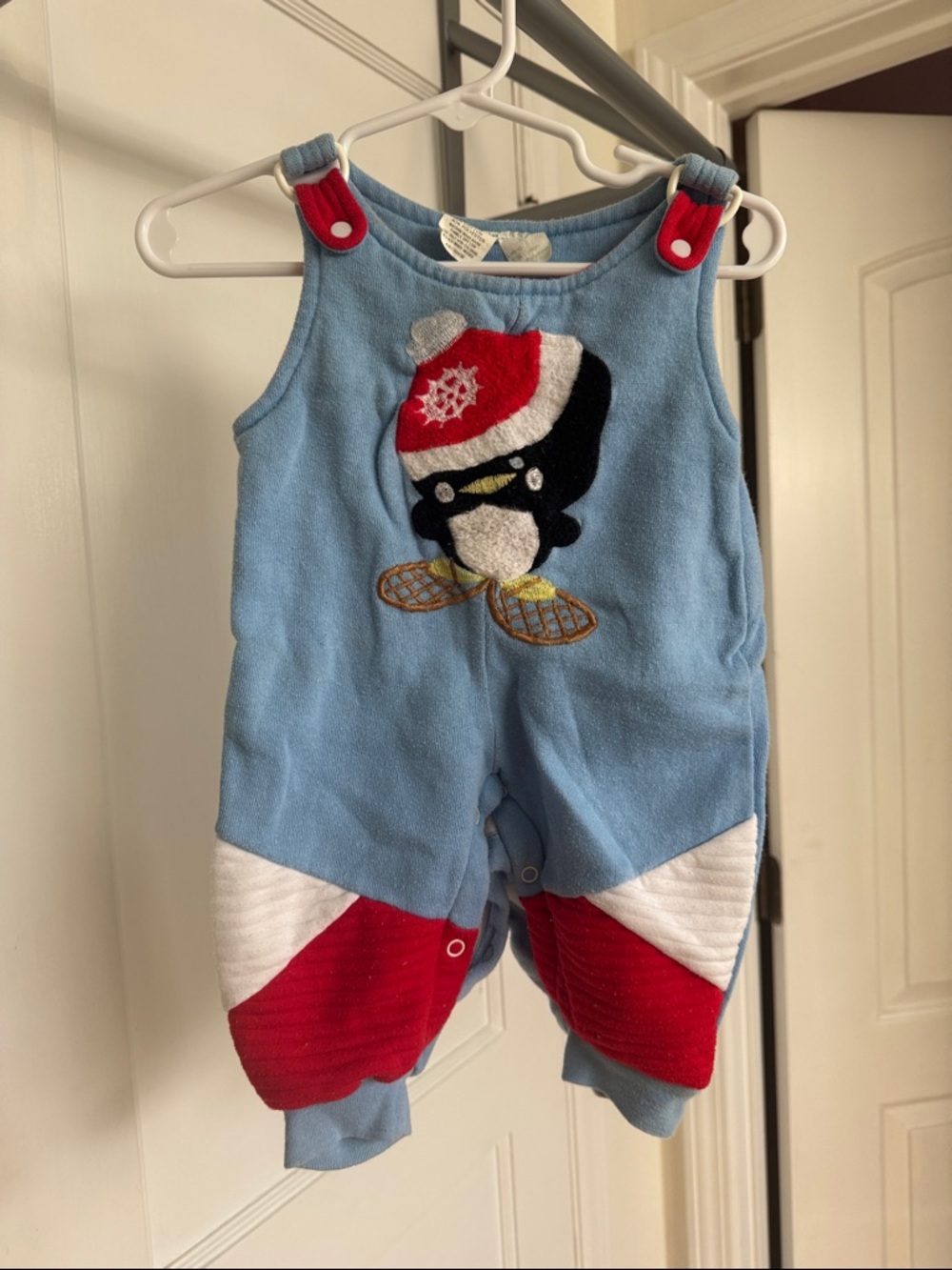 Vintage Blue Red White Penguin Appliqué Romper
